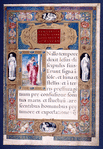 Small miniature of Luke, holding his book and reading, in a landscape. Very elaborate frame-like border, with statue figures and multi-colored designs