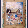Full-page miniature of the Adoration of shepherds and of angels. Elaborate full border with 3 scenes in lower margin in camaieu d'or: Circumcision, Adoration of the Magi, Presentation in the Temple