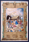 Full-page miniature of the Adoration of shepherds and of angels. Elaborate full border with 3 scenes in lower margin in camaieu d'or: Circumcision, Adoration of the Magi, Presentation in the Temple