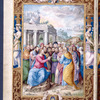 Full-page miniature of the Sermon on the Mount, thought to contain portraits of specific individuals. Elaborate full border with human figures