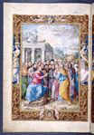 Full-page miniature of the Sermon on the Mount, thought to contain portraits of specific individuals. Elaborate full border with human figures
