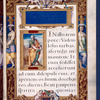 Title and opening of Gospel of Matthew, but with figure of St. Mark and his lion. Elaborate full border with human figures