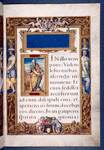 Title and opening of Gospel of Matthew, but with figure of St. Mark and his lion. Elaborate full border with human figures