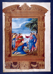 Full-page miniature of Christ handing the keys to Peter; by an artist other than Giulio Clovio. Full border with human figures