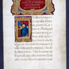 Opening of gospel of Matthew, who stands at his desk, writing; elaborate borders