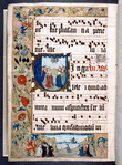 Ascension of Christ; in the lower margin, the Child by the seashore who would scoop the sea into a hole; in adoration are St. Augustine presenting donors, and St. Barbara presenting others