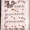 Large black initial with red highlighting. Four lines of text and four of music