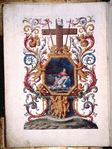 Full page decoration with cross, painting of Pieta, etc