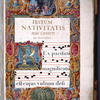 Opening of text. Full illuminated border. Rubric and gold lettering. Large gold initial on illuminated field. Three lines of music and text