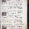 7 lines of music and 7 of text. Gold initials on multi-colored backgrounds showing various scenes. Rubric