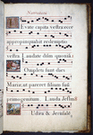 7 lines of music and 7 of text. Gold initials on multi-colored backgrounds showing various scenes. Rubric