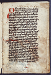 Opening of text. 3-line initial extending into border.  Red daubs as place-markers.  Note of ownership by Carthusians at Erfurt. Hand one