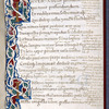4-line and 3-line gold initials with vinescroll.  Gold rubric.  Opening of text.  Marginal and interlinear glosses