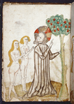 Full-page miniature of God pointing out the apple tree to Adam and Eve