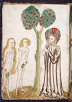 Full-page  miniature of Adam and Eve questioned by God.