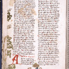 Text with initial, rubric, placemarkers and border design including drawing of Adam, Eve and the Serpent