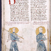 Text with large red initial, placemarkers and rubrics; miniature showing two scenes of Samson