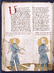 Text with large red initial, placemarkers and rubrics; miniature showing two scenes of Samson