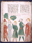 Text with placemarkers and rubric; miniature showing Samson's eye being put out and Delilah being paid