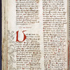 Text with placemarkers and rubric and large red initial; border design drawn in but not yet colored