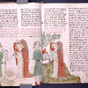 Text with placemarkers and rubric; miniature spread over both pages, showing two exchanges between a man and an angel