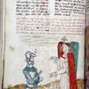 Text with placemarkers and rubric. Miniature of angel and soldier