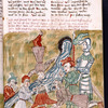 Text with placemarkers and rubric.  Miniature of men drinking