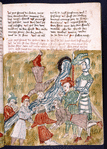 Text with placemarkers and rubric.  Miniature of men drinking