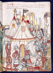 Rubric and miniature showing army and massacre outside tents