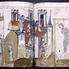 Rubrics and full-page miniature across two pages showing siege of a city and a king being hanged