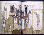 Rubrics and full-page miniature across two pages showing siege of a city and a king being hanged