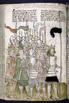 Text with placemarkers and rubric; miniature showing army