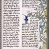 Text with placemarkers, rubric, and large blue initial.  Border design with leaves and grotesques