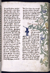 Text with placemarkers, rubric, and large blue initial.  Border design with leaves and grotesques