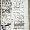 Page of text with placemarkers, rubric, and large blue initial.  Two human figures (one a monk) in lower margin