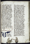 Page of text with placemarkers, rubric, and large blue initial.  Two human figures (one a monk) in lower margin