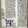 Page of text with placemarkers, rubric, large blue initial, and human figures in border -- some loss to trimming