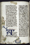 Page of text with placemarkers, rubric, large blue initial, and human figures in border -- some loss to trimming