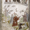 Full-page miniature showing God and angles, and men feeding birds
