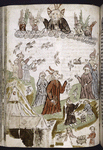 Full-page miniature showing God and angles, and men feeding birds