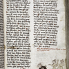 Page of text with rubric and placemarkers; miniature in lower margin of man being stoned