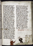 Page of text with rubric and placemarkers; miniature in lower margin of man being stoned