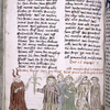 Page of text with placemarkers, rubric, and miniature in lower margin