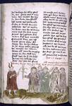 Page of text with placemarkers, rubric, and miniature in lower margin
