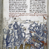 Text with placemarkers, rubric, and half-page miniature showing a battle