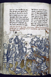 Text with placemarkers, rubric, and half-page miniature showing a battle