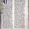 Page of text with placemarkers and large blue initial.  Two human figures in upper border