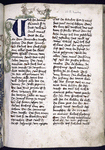 Page of text with placemarkers and large blue initial.  Two human figures in upper border