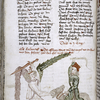 Text with placemarkers and rubric; half-page miniature showing confrontation between man and angel