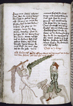 Text with placemarkers and rubric; half-page miniature showing confrontation between man and angel